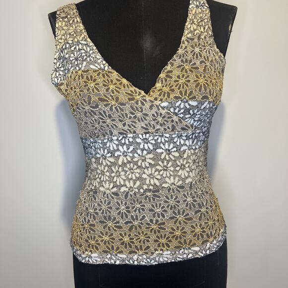 Y2K Timing USA V-neck Dressy Tank, Y2K, Gold, Gray Lace - Picture 1 of 5